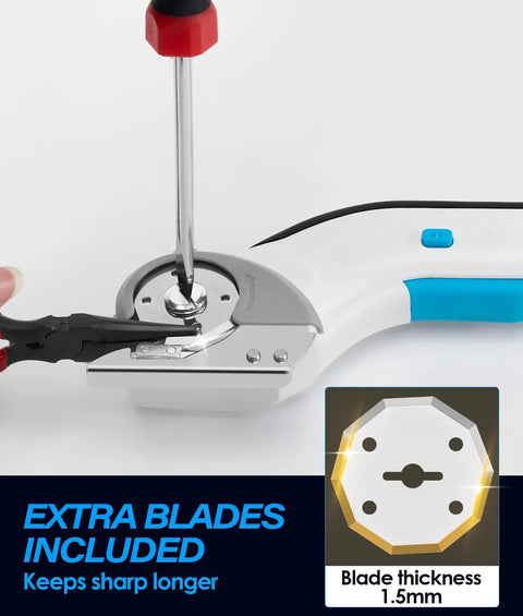 Close-up of Cordless Electric Scissors Rotary Cutter For Cardboard And Packages 4V Box Cutter with replacement blade being installed.