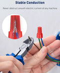 Hands installing red wire connector from 50 Pcs Colorful Wire Nuts And Wire Caps Assortment Kit For 10-22 AWG