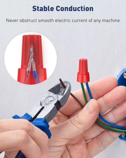 Hands installing red wire connector from 50 Pcs Colorful Wire Nuts And Wire Caps Assortment Kit For 10-22 AWG