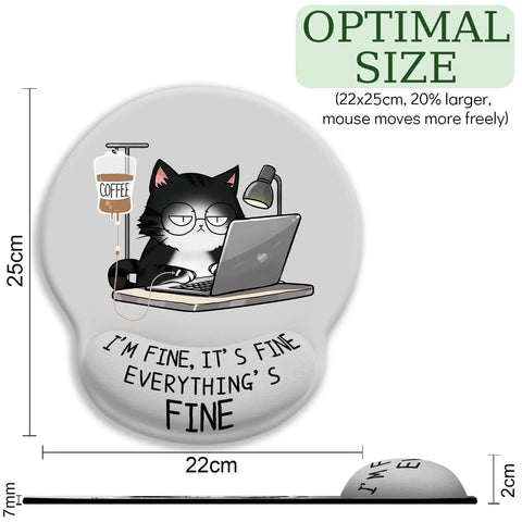 Ergonomic Mouse Pad With Gel Wrist Rest For Comfort And Pain Relief, Non Slip PU Base, Cute Desk Sidekick For Gaming And Work, Silky Lycra Top featuring cat design with coffee, optimal size 22x25cm.