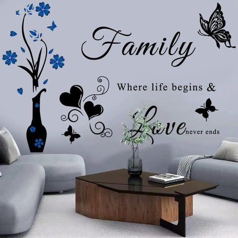 Inspirational Family Wall Decal Set With Vase Blue Flower And Hearts Vinyl Lettering Quote For Living Room Bedroom And Dining Room Decor Easy DIY Wall Art For A Warm Cozy Vibe Home on gray wall in modern living room