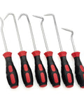 VASTOOLS 6-piece hose removal hook set with red-and-black ergonomic handles and steel hooks for radiator hoses