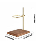 Sturdy Walnut Pour Over Coffee Stand With 360 Rotating Aluminum Arm Universal Dripper Holder, wood base and metal arm, dimensions shown.