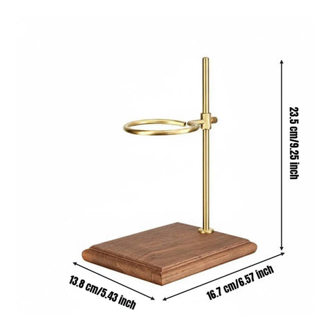 Sturdy Walnut Pour Over Coffee Stand With 360 Rotating Aluminum Arm Universal Dripper Holder, wood base and metal arm, dimensions shown.