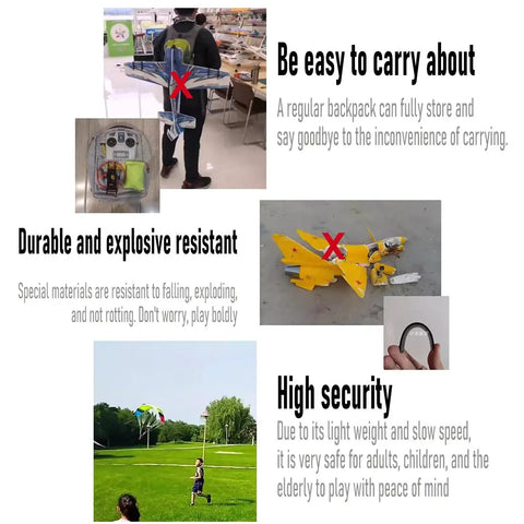 Ultra Lightweight 2.4G RC Paraglider Stunt Toy features and benefits illustration for beginner-friendly easy control and safety.