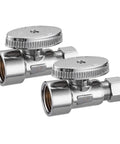 Built Like A Tank Lead Free Brass Water Angle Stop Valve Two Pack 1/2 Inch FIP To 3/8 Inch OD Compression, chrome finish, quarter turn handle.