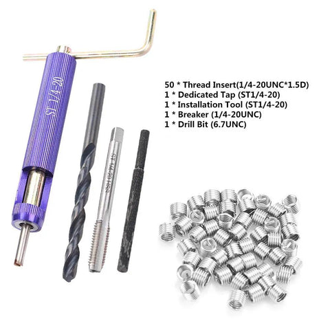 Upgrade Your Gear With This Top Tier Stainless Steel Thread Repair Insert Kit Featuring 50 High Strength Pieces Perfect For Fixing Stripped Threads In Aluminum And Magnesium To Lock Bolts Securely And Boost Durability For Heavy Duty Jobs That Need, 50-piece steel thread repair kit with tap, drill bit and inserts