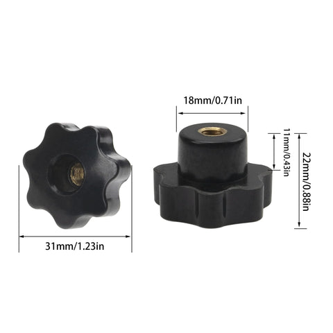 8-piece set of black nylon star-shaped knurled hand knobs with M6 through-hole threaded inserts