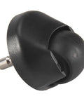 Angled front view of a black universal front wheel with metal mounting stem.