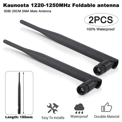 Omni Directional 1.2GHz SMA Male Antenna 3 Dbi High Gain Portable Antenna, two black foldable waterproof antennas