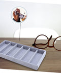 Keep Your Shades Locked And Loaded In This Slick Six Slot Sunglasses Tray And Jewelry Display Holder Crafted From Premium Soft Fabric For Zero Stress Eyewear Organization, shown with glasses on a tabletop.