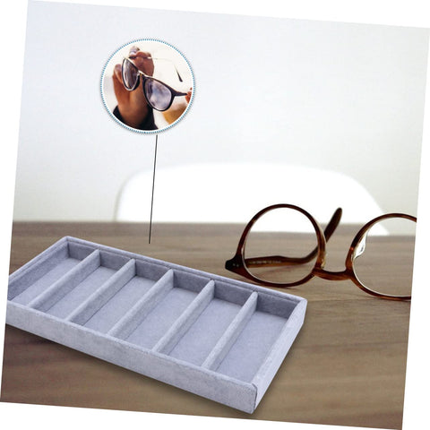 Keep Your Shades Locked And Loaded In This Slick Six Slot Sunglasses Tray And Jewelry Display Holder Crafted From Premium Soft Fabric For Zero Stress Eyewear Organization, shown with glasses on a tabletop.