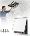 Slick White Attic Access Panel Door For Drywall With Zero Fuss Install Sturdy Aluminum Frame showcased with tools in hand.