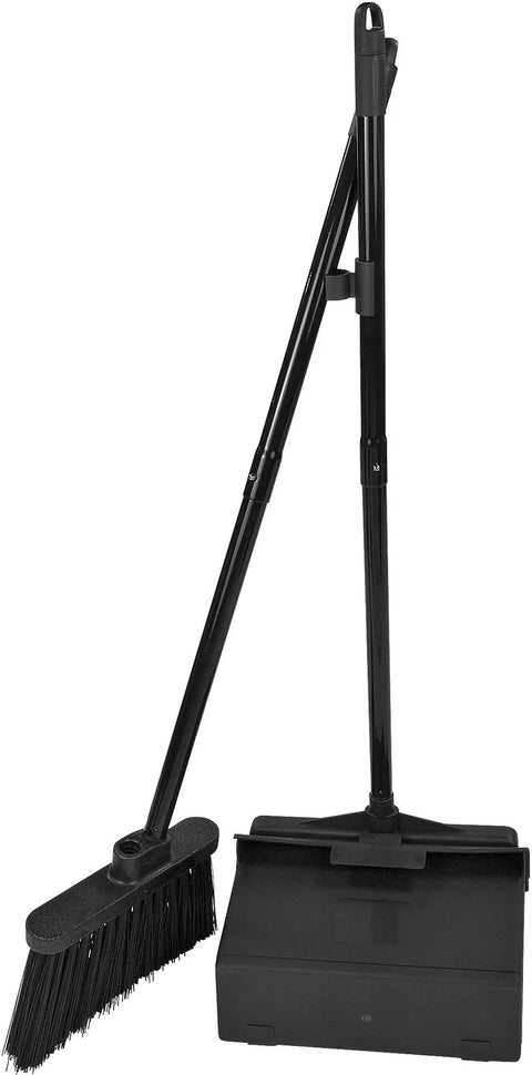 36 Inch Lobby Broom And Dustpan Set With Pivoting Dustpan And Locking Pan, 2-Piece Handle, Compact Commercial Floor Tool For Tight Spaces, Black Ideal For High Traffic Entrances And Everyday Commercial Use