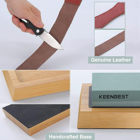 Hand using Actual Grit Whetstone Set With 400 1000 3000 8000 Grits For Knife Sharpening; shows leather strop and bamboo base.