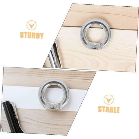8 Pack M8 304 Stainless Steel Lifting Eye Nuts Heavy Duty Threaded Rigging Hardware With No Fuss Setup For Marine Hoisting And Industrial Job Site Work Built Tough shown on wood surface.