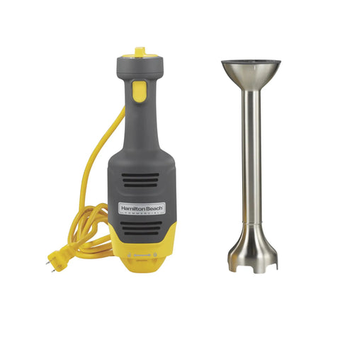 Built Different Compact Immersion Blender With 9 Inch Shaft Killer 250 Watt Motor For Silky Purees Variable Speed Hand Blender Nsf Certified, gray and yellow handheld unit with stainless steel shaft.