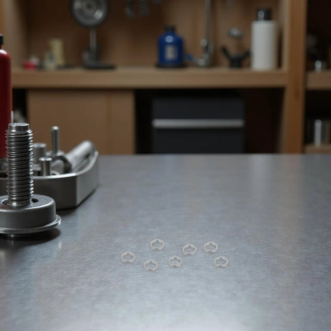 Heavy Duty Stainless Steel Split Lock Washers M6 and 300 Piece Top Shelf Rock Solid Spring Washer Set displayed on a workbench.