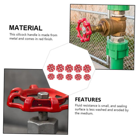 Ten Pack Cast Gate Hand Wheel Handles For Valve And Plumbing Use With Precise Design, red metal wheels, installed on pipes.
