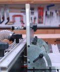 Vertical Router Sled Pro Grade Joinery Jig with handheld router setup for precision joinery in cabinet making and woodworking projects.