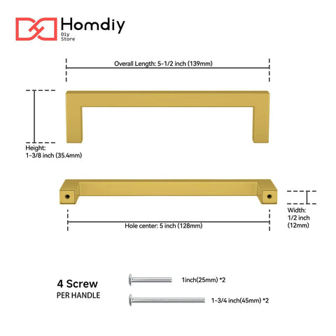 5 Inch Brushed Brass Cabinet Pulls 30 Pack Square Cabinet Hardware Handles dimensions and screws illustration