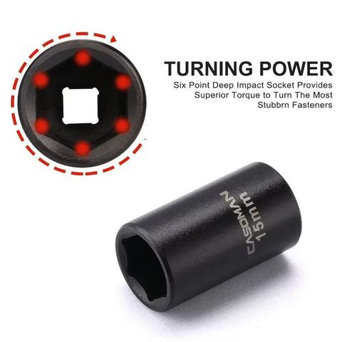 Close-up of 15mm impact socket from 14 Piece One Half Inch Drive Shallow Impact Socket Set Metric 6 Point 11mm To 32mm Durable Chrome Vanadium