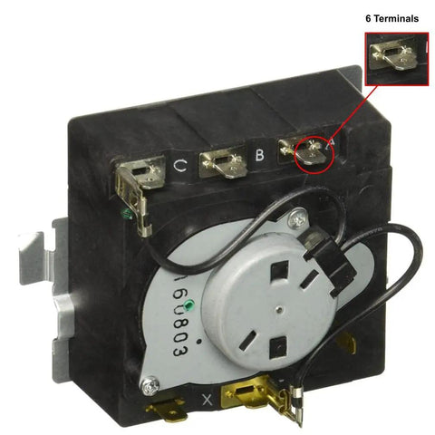 Dryer Timer Replacement DM101 234D1296P004 close-up view showing wiring terminals and timer mechanism