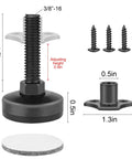 Heavy Duty 8 Pack Adjustable Furniture Levelers For Tables, Chairs, Cabinets And More With Large Base, 1320 Lb Support, T Nut Kit Three Eighths Inch By Sixteen Thread, Perfect For Leveling And Smooth Sliding On Any Floor, showing dimension details and parts