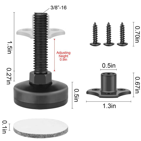 Heavy Duty 8 Pack Adjustable Furniture Levelers For Tables, Chairs, Cabinets And More With Large Base, 1320 Lb Support, T Nut Kit Three Eighths Inch By Sixteen Thread, Perfect For Leveling And Smooth Sliding On Any Floor, showing dimension details and parts