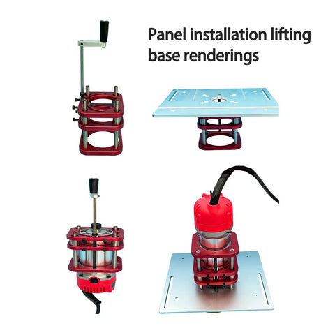 Tough As Nails Aluminum Router Table Insert Plate With Smooth Slide Fence And Snap Lock Brackets For Dead On Accurate Woodworking Trimming And Engraving Tasks Black panel installation lifting base rendering images showing mounting configurations.