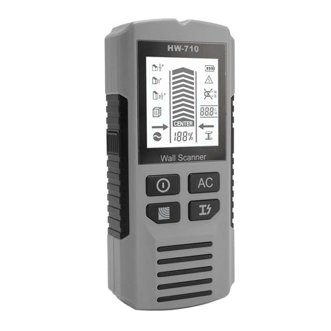 WALFRONT Stud Finder Wall Scanner LCD Display showing scanning modes and buttons for detecting wood, metal studs, and AC wire.
