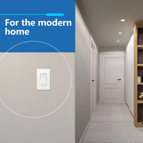 Decorator Switch Cover Wall Plate, Screwless 1-Gang Matte White, installed in modern home hallway.