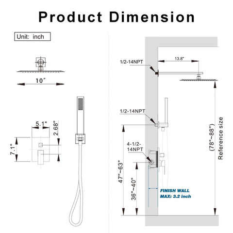 Front view diagram of HoliSpa Gold shower system with 10-inch rain head and handheld spray, wall-mounted.