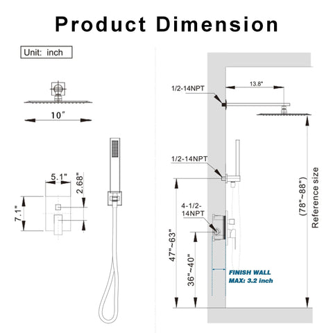Technical diagram of Brushed Nickel Shower System With 10 Inch Rain Showerhead, Handheld Spray, wall-mounted high pressure valve.