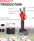 Electric Livestock Ear Tagger With Dual Batteries And Six Tag Needles, Quick One Button Tagging Tool For Cattle Pigs And Sheep, Pain Free And Fast With Easy Peasy Tagging, Keeps Animals Calm, Red Standard shown with components on a farm background.