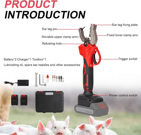 Electric Livestock Ear Tagger With Dual Batteries And Six Tag Needles, Quick One Button Tagging Tool For Cattle Pigs And Sheep, Pain Free And Fast With Easy Peasy Tagging, Keeps Animals Calm, Red Standard shown with components on a farm background.