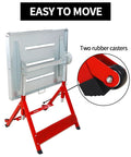 Built Tough Carbon Steel Folding Welding Workbench Table With Adjustable Height And Angles Featuring Three Wide T Slots For Easy Fixture Setup and Rock Solid Four Hundred Pound Capacity with rubber casters for mobility.