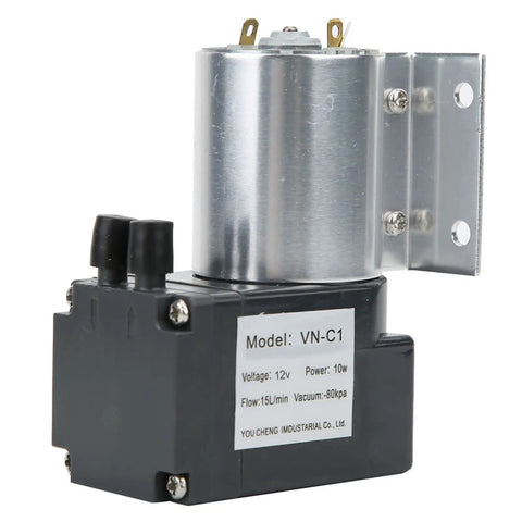 Dc 12 Or 24 Volt Mini Vacuum Pump With Integrated Mount, 10 Watt Portable Electric Diaphragm Air Compressor showing metallic housing and black base.