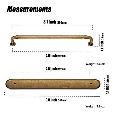 Antique Brass Zinc Alloy Cabinet Handle With Backplate 7.56 Inch Center To Center 192mm measurements details