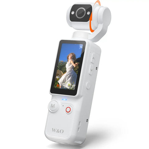 Pocket 2.5K Video Recorder With 180 Degree Rotating Lens For Vlogging, Handheld POV Camera shown with screen and controls, white