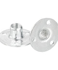Pro Grade Carbon Steel M8 Brad Hole Tee Nuts 12 Pack Screw In Thread Inserts For Heavy Duty Furniture Hardware And Snug Fit Diy Woodworking Repairs With No Sweat Installation, showing two silver tee nuts.