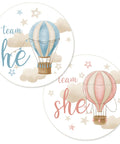 40 Count Pink and Blue Hot Air Balloon Gender Reveal Stickers for Team He and Team She, 1.75 Inch Round Labels