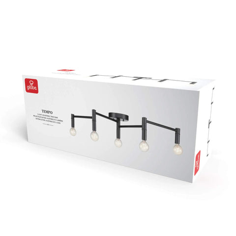 Packaging of Tempo Foldable Track Lighting Bar With 4 Pivoting Joints In Matte Black Finish 5 Light Adjustable Track Light