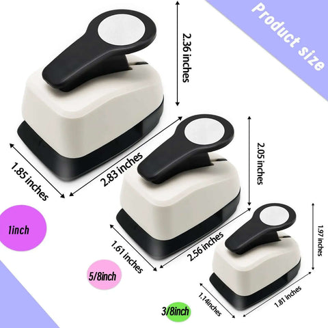 Circle Hole Punch Set For Crafts showing three sizes: 1 inch, 5/8 inch, and 3/8 inch, made from ABS and zinc alloy, perfect for crafting.