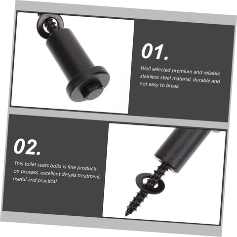 Close-up view of stainless steel toilet seat bolts with detailed product information in text.