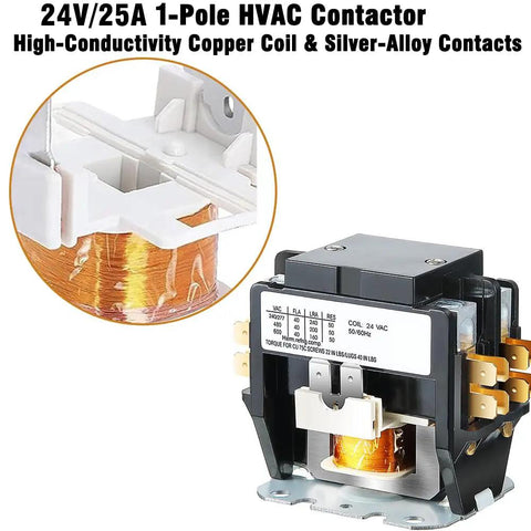 AC Contactor 1 Pole 25A 24V with copper coil and flame-retardant housing for air conditioner compressor units
