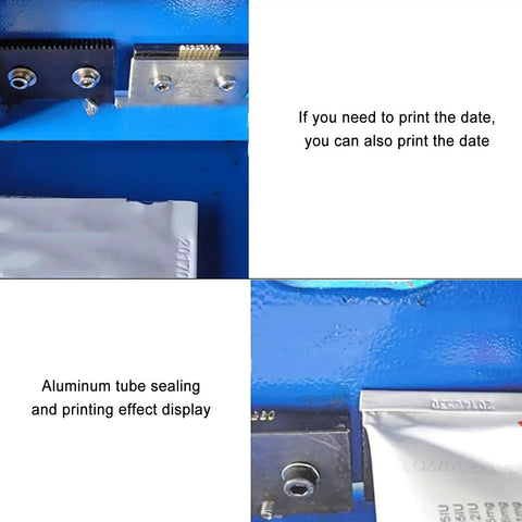 Ultimate Manual Metal Hose Sealer Crimping Machine For Cosmetics Tube Closure with aluminum tube sealing and printing display.