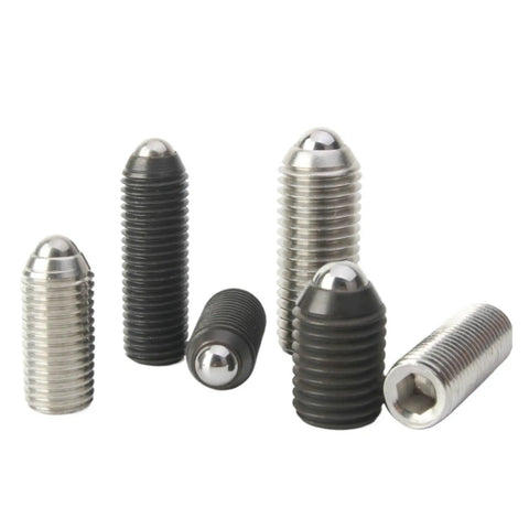 Heavy Duty Stainless Steel Spring Ball Plungers M16x50mm Hex Socket Grub Screws assortment in various sizes and finishes.