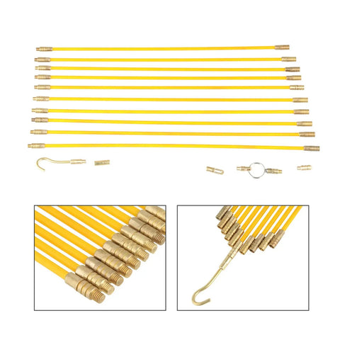 10 Pack 4mm Fiberglass Fish Tape Pull Push Wire Kit With Brass Connectors For Snaking Through Tight Walls Attics Crawl Spaces And Ceilings Easily, yellow rods