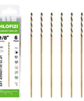 Long Reach 1/8 Inch By 6 Inch Aircraft Extension Drill Bits 6 Pack M2 High Speed Steel in packaging, black gold coated